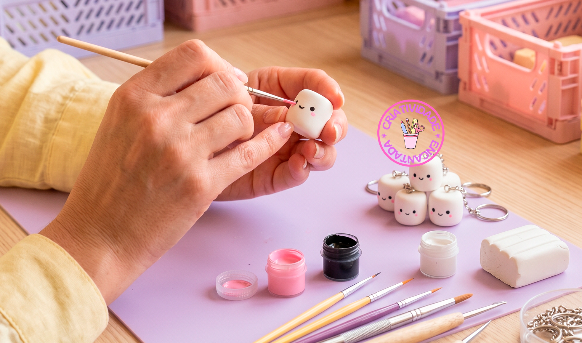 Artesã em seu ateliê trabalhando com biscuit, fazendo bonecos e chaveiros em formato de marshmallow feitos de biscuit. Em sua bancada vemos outros materiais e ferramentas utilizados para a arte do biscuit.